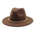 Close-up of brown wool felt fedora with gold bead chain and braided leather band detail - Coffee
