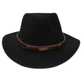 Detail of black wool felt cowboy hat featuring a leather band with gold feather ornament - Adult (57-60cm) / Black