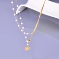 18K gold plated stainless steel double layer snake and pearl necklace with round disk pendant - 18K Gold