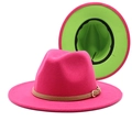 Detailed view of pink wool fedora with neon green interior and brown leather belt buckle - Rose Red & Fruit Green