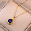 Elegant gold square blue gemstone necklace for women with small diamond accents - Gold Plated Stainless Steel + Zirconia / Blue