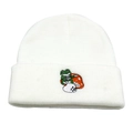 Detail of frog and mushroom embroidery on the cuff of a white knitted beanie hat - One Size / White