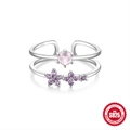 Double-layered S925 sterling silver ring with pink crystal and purple floral design - Style 10-Rose Quartz Purple Flower