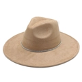 Close-up of camel faux suede fedora hat with triple-row sparkling rhinestone band detail - Camel (Suede)