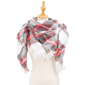 Classic red and green plaid checkered triangle scarf with decorative fringe on a mannequin - White Rainbow Plaid