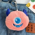 Pink furry monster coin purse keychain with blue horns and cute single-eye embroidery - Little Monster Coin Purse - Red