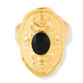 Vintage gold oval ring with embossed patterns and a large faceted black onyx gemstone - Black Main Stone / Black