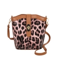Secchiello leopardato rosa con finiture in ecopelle marrone e chiusura girevole dorata - Leopardo Rosa
