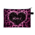 Pink leopard print cosmetic bag featuring a glittery black heart with Love It text - Heart Leopard Pattern (06)