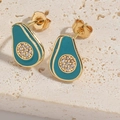 Detail of avocado earrings with gold plating, green enamel, and white zircon inlay - Lake Blue