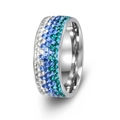 8mm silver stainless steel wide ring featuring four rows of blue gradient crystals - Blue and White
