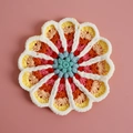 Handmade crochet floral coaster in vibrant gradient colors with white plush edge - No. 4 Gradient