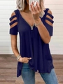 Women's dark blue waffle knit T-shirt with cold shoulder cutouts and zipper V-neckline - Dark Blue
