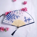 Bamboo folding fan with blue and white porcelain pattern and blue silk tassel decor - Blue and White Porcelain Style Peach Blossom (Women's Fan-36)