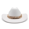White wool wide brim fedora hat with a bold decorative gold chain link band - M(56-58cm) / White