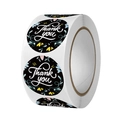 Black floral Thank You roll stickers with white text for gift packaging and sealing - Black Background White Text