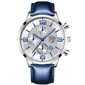 Montre à quartz pour hommes avec boîtier argenté, bracelet en cuir bleu et dateur inclus - Bracelet Bleu Boîtier Argent Cadran Blanc