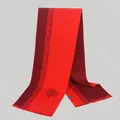 Close-up of red and wine wool blend scarf with Chinese knot pattern and short fringes - 180*30cm / Chinese Knot Color Block