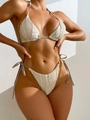 Ribbed off-white drawstring bikini set with side-tie high cut bottom and halter top - S / Apricot