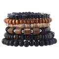 Men's retro multilayer wooden bead bracelet set with natural coconut shell spacers - Multicolor