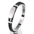 Bracciale da uomo in pelle intrecciata nera con piastra in acciaio spazzolato e chiusura magnetica - Color Acciaio