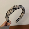 Plaid knitted wide headband in black and white pattern with hand made label detail - Milk Coffee Plaid Fabric