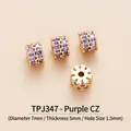 Detail of 7mm brass beads with purple zircon pavé and 1.5mm hole for DIY jewelry - Purple Prong Set Round Cylinder Style (TPJ347-Purple Zirconia) / Gold