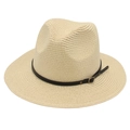 Dettaglio della trama del cappello Panama beige con fascia in pelle e fibbia dorata - Taglia Unica (Paglia Piatta) / Albicocca (Fascia in Pelle Nera)