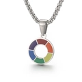 Rainbow circular pendant necklace in polished silver stainless steel with colorful enamel - Round Rainbow Color Wheel Style (KP100466)