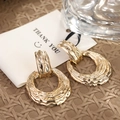 Vintage golden large oversized metal earrings with organic wavy texture in gold finish - Golden Wavy Texture Round Drop Earrings