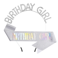 Silver birthday girl party set with glitter sash and rhinestone crown headband - Birthday Girl / Girl Silver Holographic Set