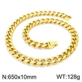 Golden stainless steel Cuban chain necklace, 10mm width and 650mm length, 128g weight - 650mm x 10mm (KN225370-Z)