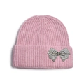 Detail view of pink ribbed knit beanie featuring a sparkling silver rhinestone bow decoration - Rhinestone Ribbon / Pink