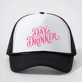 Classic black and white trucker hat with DAY DRINKER print and breathable mesh back - One Size / White and Black Splicing