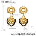 Détails de boucles d'oreilles cœur en acier inoxydable avec perles noires et disque doré - Boucles d'Oreilles Cœur en Pierre Naturelle Noire Dorée (TXF518) / Or