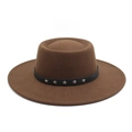 Detail of brown wool flat top fedora featuring black band with star metal rivets - M (56-58cm) / Coffee