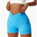 High-waisted bright blue seamless yoga shorts with a V-shaped crossover waistband - S / Lake Blue