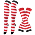 Christmas striped over-knee socks and matching arm sleeves set in red and white colors - One Size / Red White & Black Striped