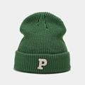 Green cuffed knit beanie with white P letter embroidery on minimalist background - Green