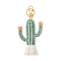 Handmade green cactus macrame keychain with pink floral pom poms and white cotton fringe - Bean Green