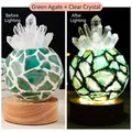 Pineapple lamp made of green agate and natural crystal on wood base, lit/unlit view - Green Agate + White Crystal Cluster