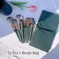 Profi-Make-up-Pinsel-Set 14-teilig in Mattgrün mit passender Rolltasche aus Kunstleder - Green Cloud Serie 14-teiliges Set + PU Tasche
