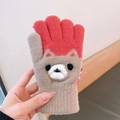 Winter thermal knit gloves with red and beige patchwork and cute 3D bear design - 3D Doll / Bear Red
