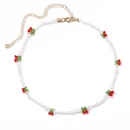 Bohemian beaded choker necklace with white beads and red cherry charms and gold clasp - White Cherry Bead Necklace