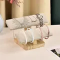 Double-tier solid wood jewelry stand with grey velvet bars for watches and bracelets - 2-Tier Solid Wood Bracelet Stand-Ice Grey Velvet