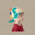 Beige winter knit earflap hat for kids featuring colorful 3D dinosaur accents - Big Dinosaur Beige (1-4 Years Old)