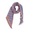 Detail of blue and orange scarf with geometric polka dots and fringe textures - Dot Orange Blue