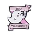 Detailed view of white ghost enamel pin with pink frame and metallic border craft - Ghost with Quotes Style (XZ8973)