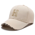 Beige baseball cap with gold H embroidery and checkerboard pattern under the brim - Adjustable / Khaki (H Letter)