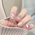 Sweet heart and bow press-on nails in trapezoidal shape with cherry pattern design - Heart Bow Cherry Pattern Coffin Style (BY1380)